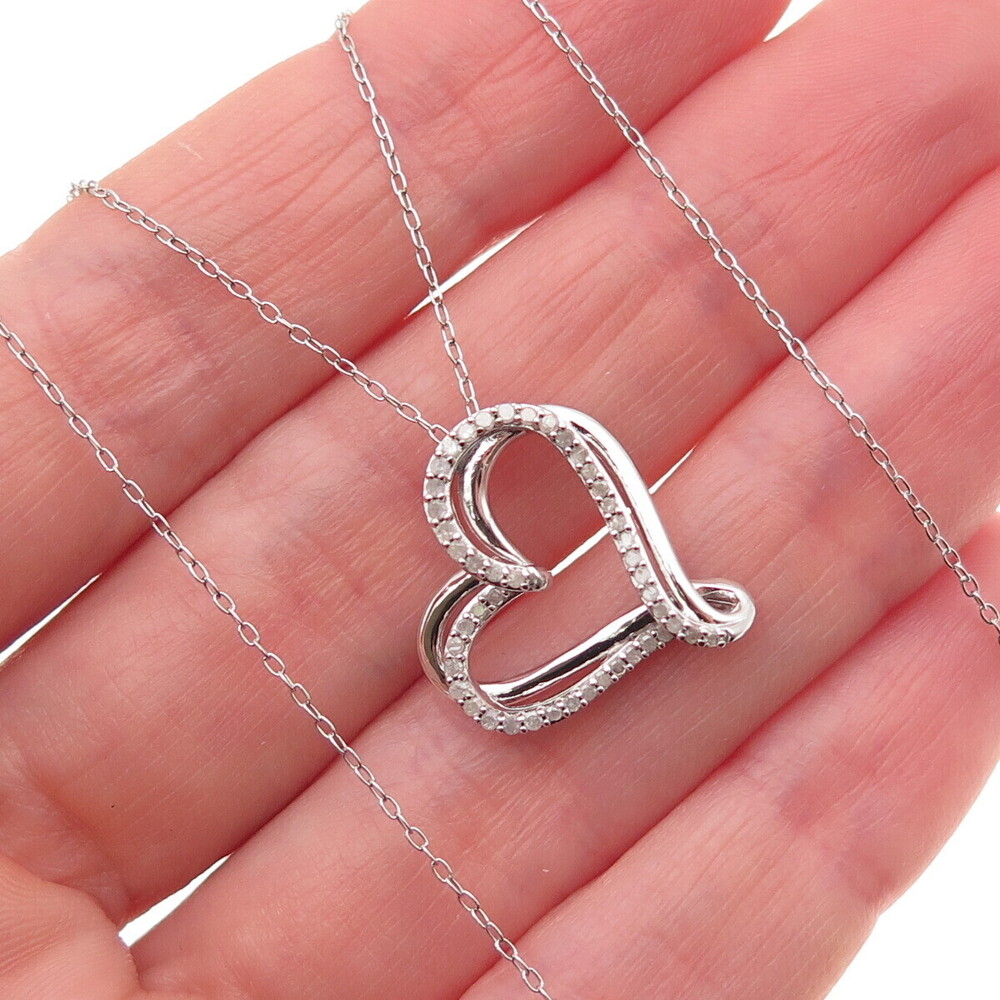 925 Sterling Silver Real Round-Cut Diamond Heart Cable Chain Necklace 20"